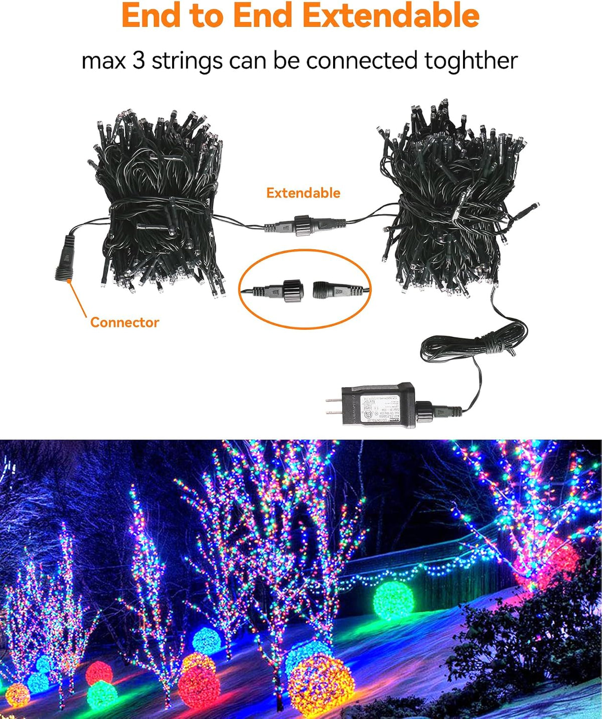 Blingstar Christmas String Lights - 98.4 Ft+9.8 Ft 300 LED Extendable Plug-in 8 Modes Multicolored Decorative Lights for Indoor Outdoor Xmas Tree Wedding Party, Long & Bright