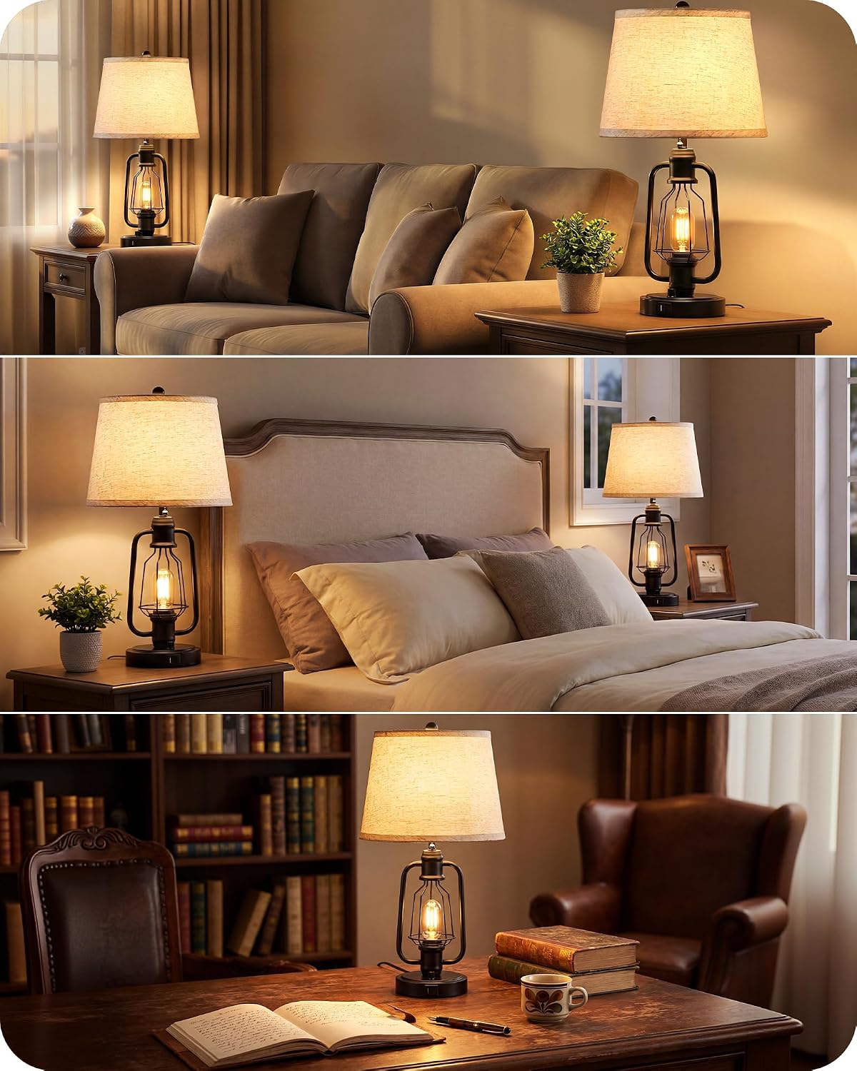 Farmhouse Table Lamps Set of 2, Industrial Bedside Table Lamps with USB Ports, Rustic Vintage Nightstand Desk Lamps for Living Room, Bedroom, 4 Bulbs Included, Beige and Black E14TLP205