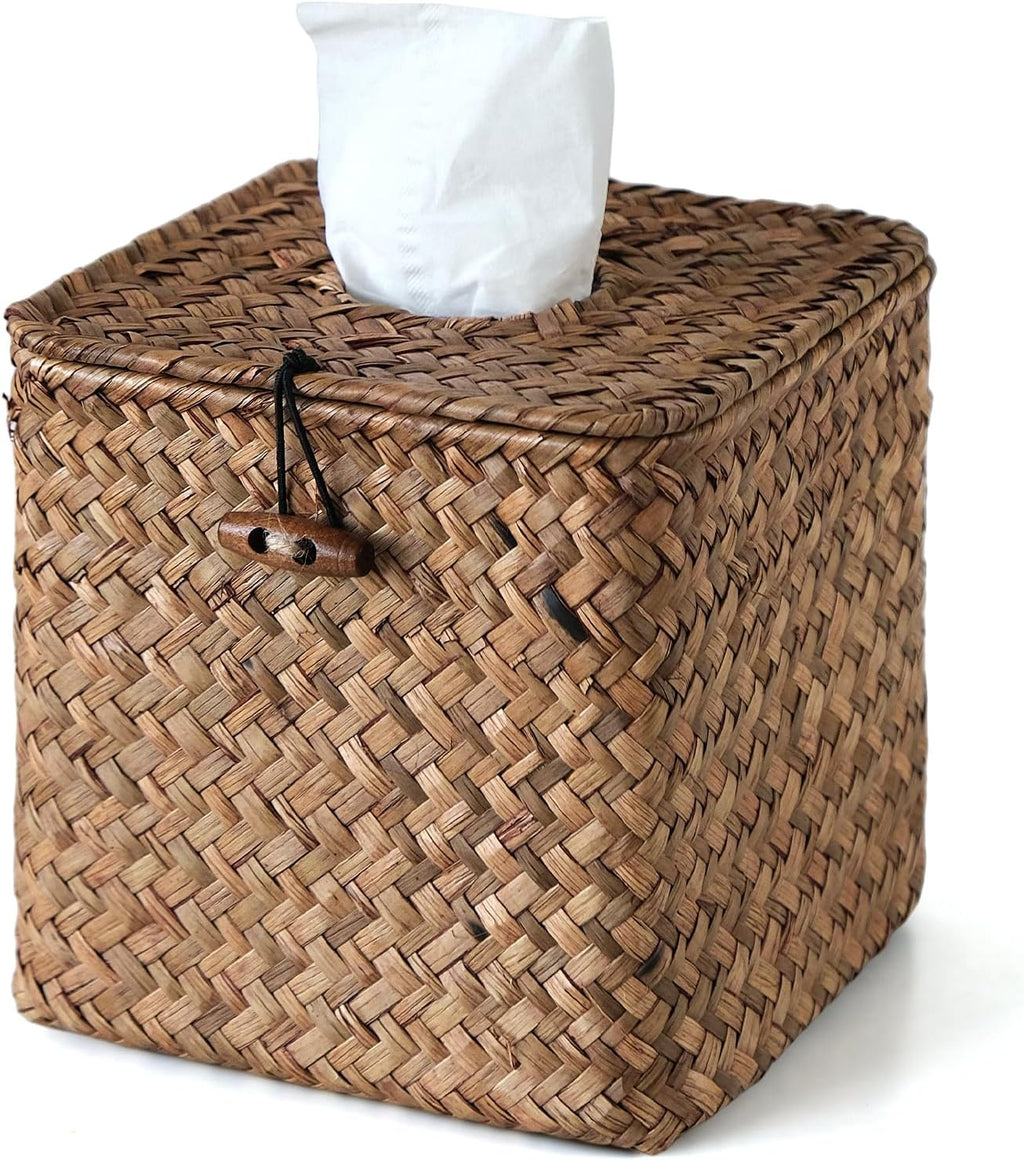 Seagrass Tissue Box Cover Square, Woven Wicker Tissue Box Holder, Brown