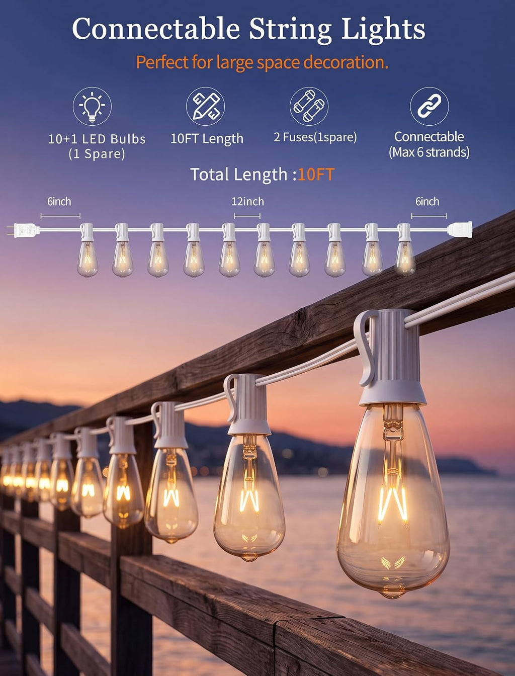 Abeja 10FT ST38 Outdoor Edison String Lights, White Wire Patio Lights with 11 Clear Vintage Bulbs (1 Spare), 7W E12/C7 Base, UL Listed Connectable Hanging Lights for Porch Backyard Wedding