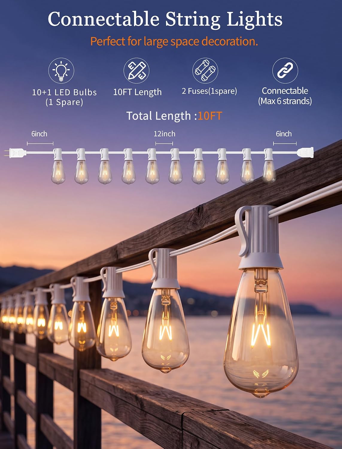 Abeja 10FT ST38 Outdoor Edison String Lights, White Wire Patio Lights with 11 Clear Vintage Bulbs (1 Spare), 7W E12/C7 Base, UL Listed Connectable Hanging Lights for Porch Backyard Wedding
