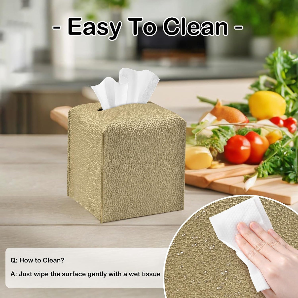 Square Tissue Box Cover PU Leather Tissue Holder for Bathroom, Cube Décorative Organizer, Tissue Paper Dispenser for Bathroom, Kitchen, Bedroom, Office, Tabletop (1, Gold)