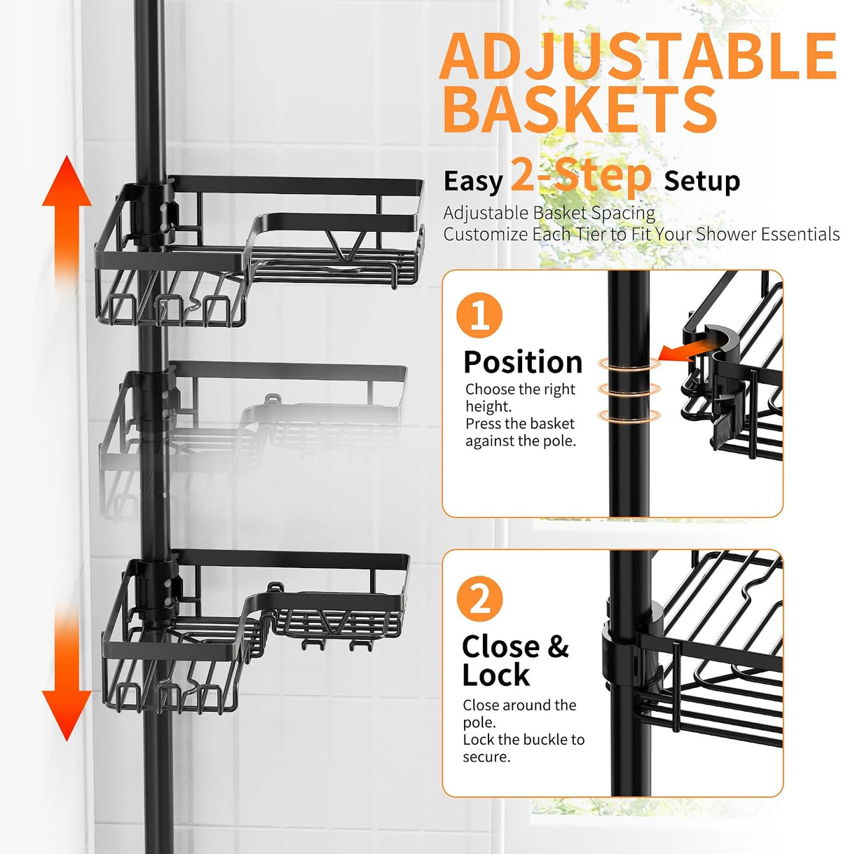 KEGII Corner Shower Caddy Tension Pole, 2-Steps Install Bathroom Organizer