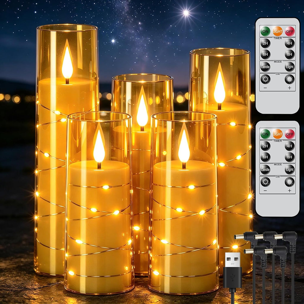 Rechargeable Flameless Candles String Lights Battery Operated 2 Remote Gold