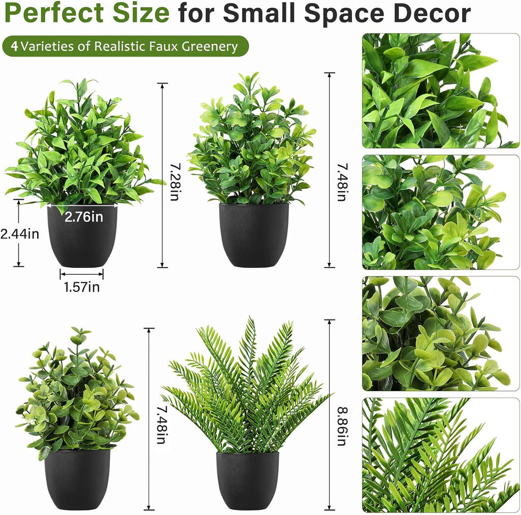 4 Pack Small Fake Plants in Black Pots Fern Eucalyptus Mix
