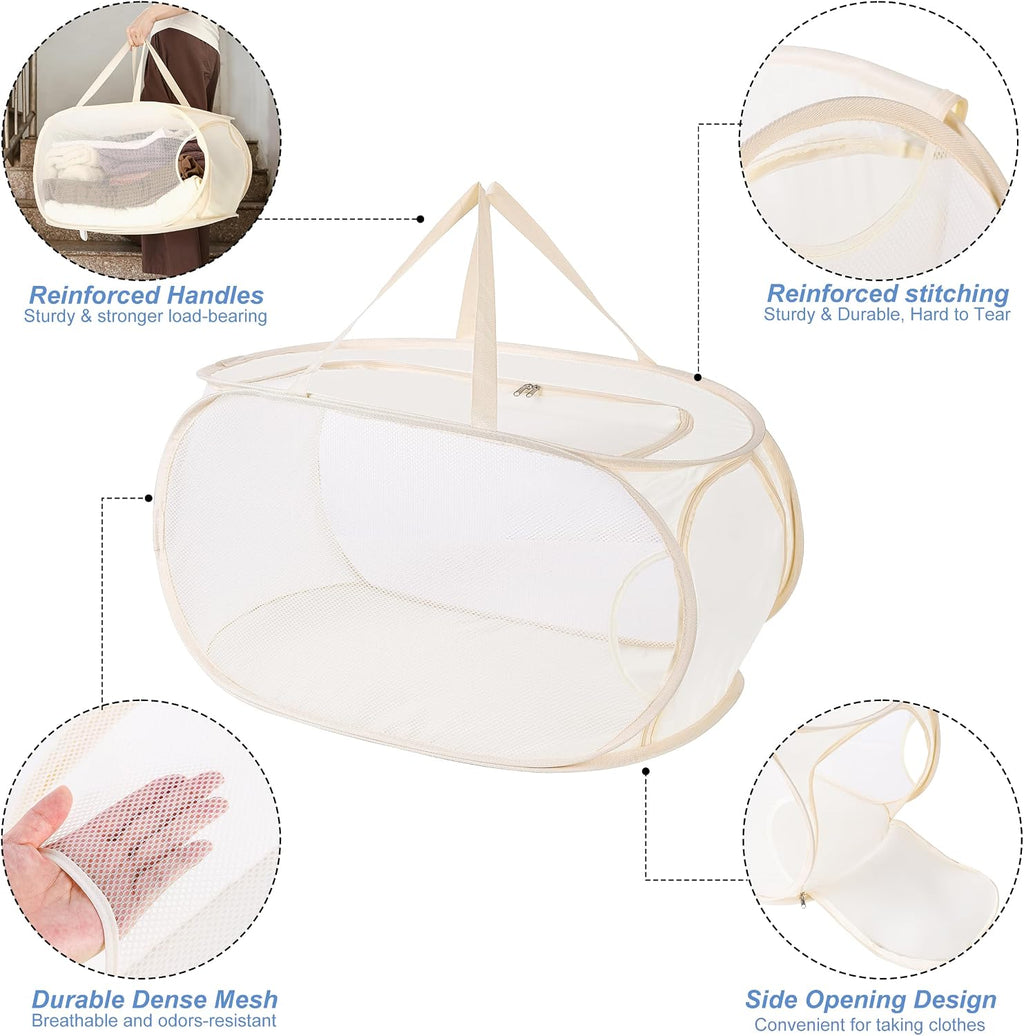 4Pcs Beige Canvas Laundry Hamper, Foldable Pop-up Mesh Basket, Large Capacity, Opening Design, Side Storage Bag, Versatile Use-Home, Camping, Dorm, Hotel, Travel