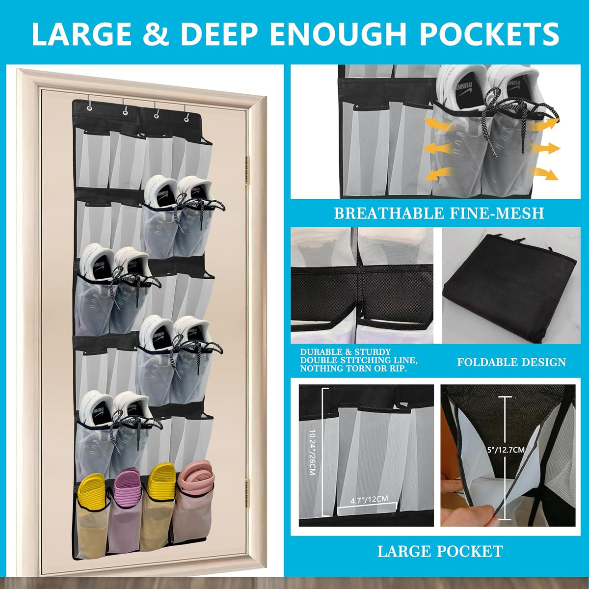 Over The Door Shoe Organizers with 24 Mesh Pockets Shoe Organizer Storage Hanging SimpleHouseware Shoe Holder for Rack (White Black)