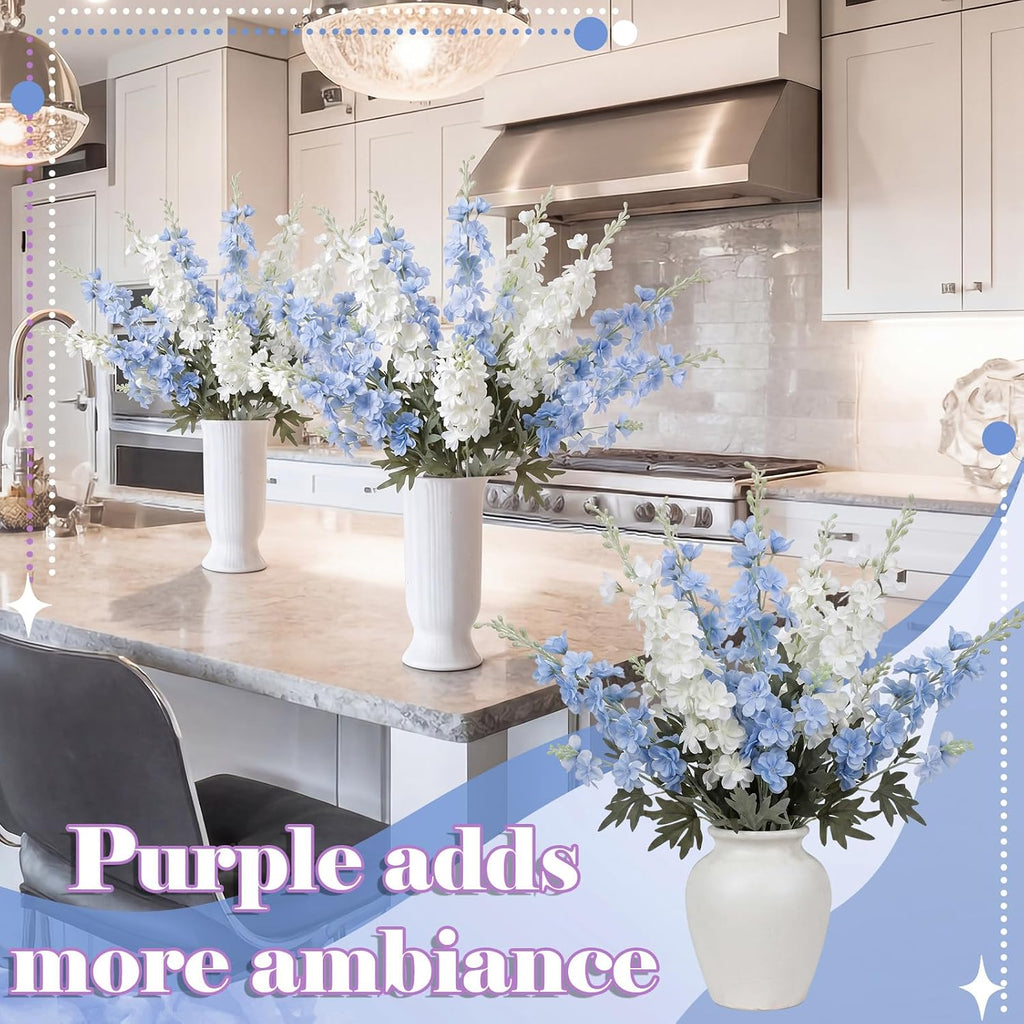 Thiccywoov 24 Pcs Blue, White Delphinium Artificial Flower Bulk, 34.25"