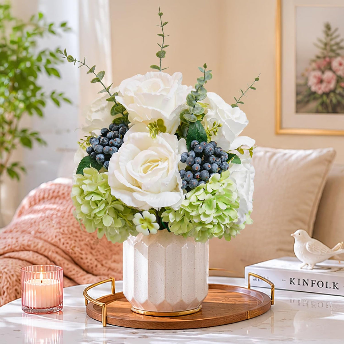 White Roses Artificial Flowers Arrangements for Table Rose Bouquet Indoor