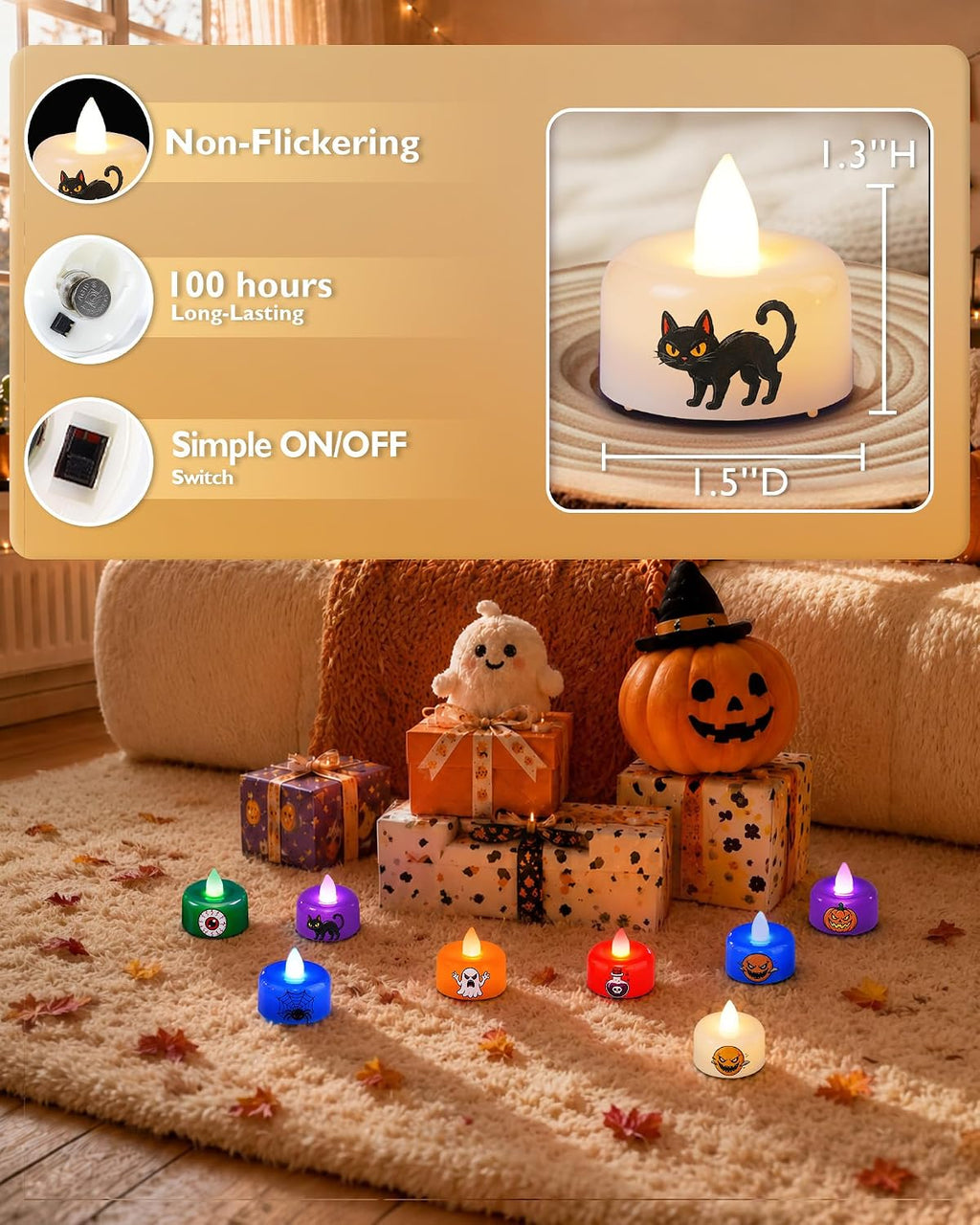 Amagic 24Pack Halloween Multicolor LED Tea Lights Candles with DIY Stickers