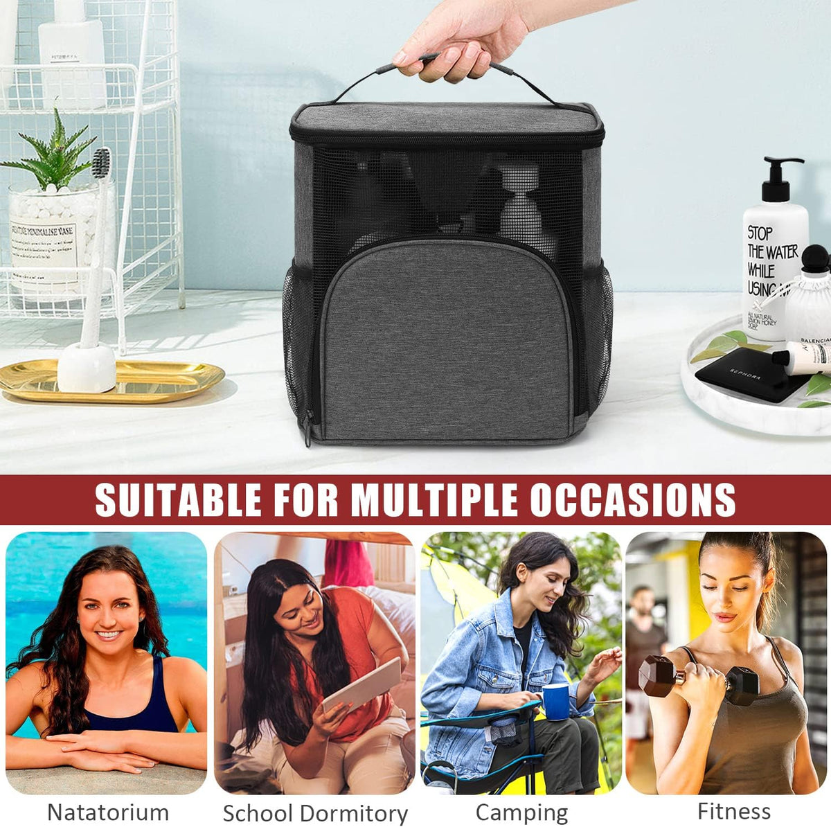 EIMMBD Hanging Shower Bag, Shower Caddy Portable Larger Capacity, Upgraded Toiletry Shower Tote for Gym Travel Camping, College Dorm Room Essentials (A Grey)