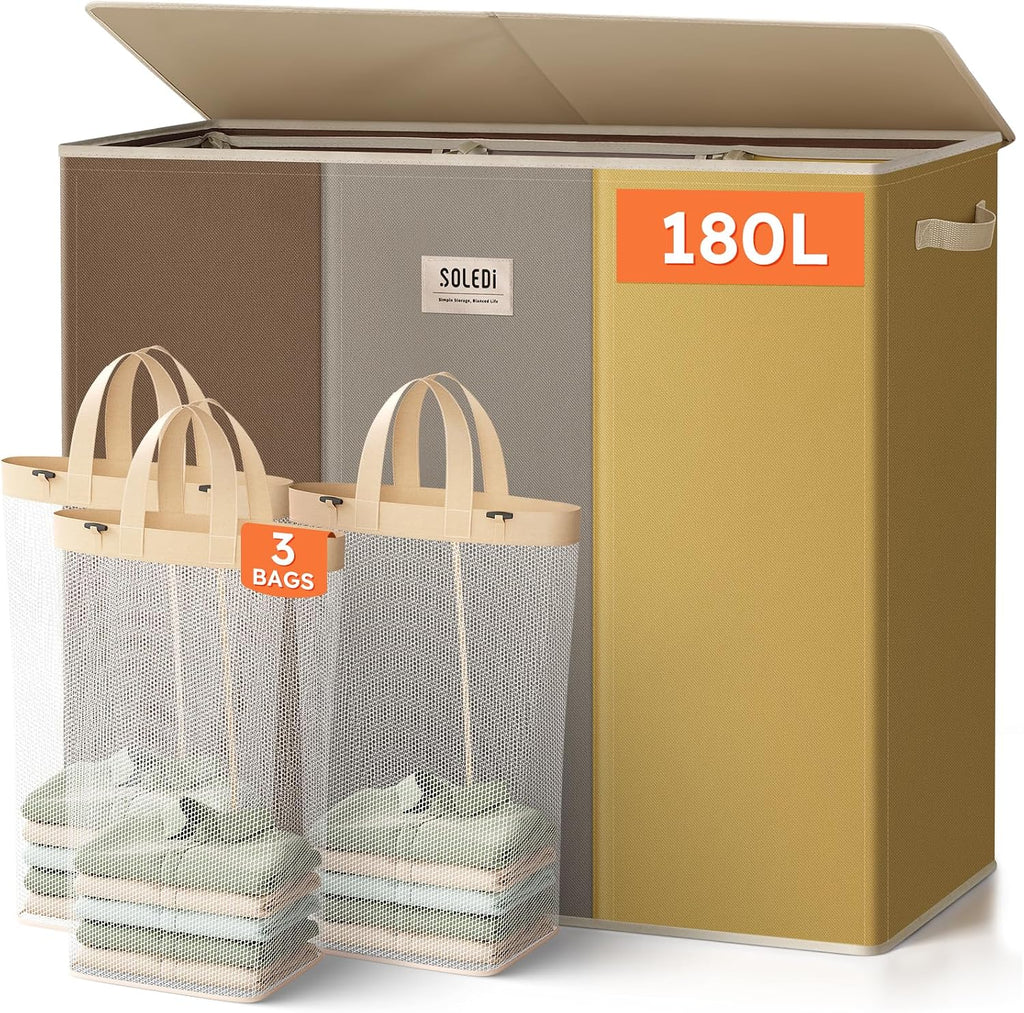 SOLEDI 180L 3-Section Laundry Hamper with Lid, Extra Large Dirty Clothes Basket with Sturdy Handles for Laundry Room & Bedroom - Durable Organizer for Sorting Laundry