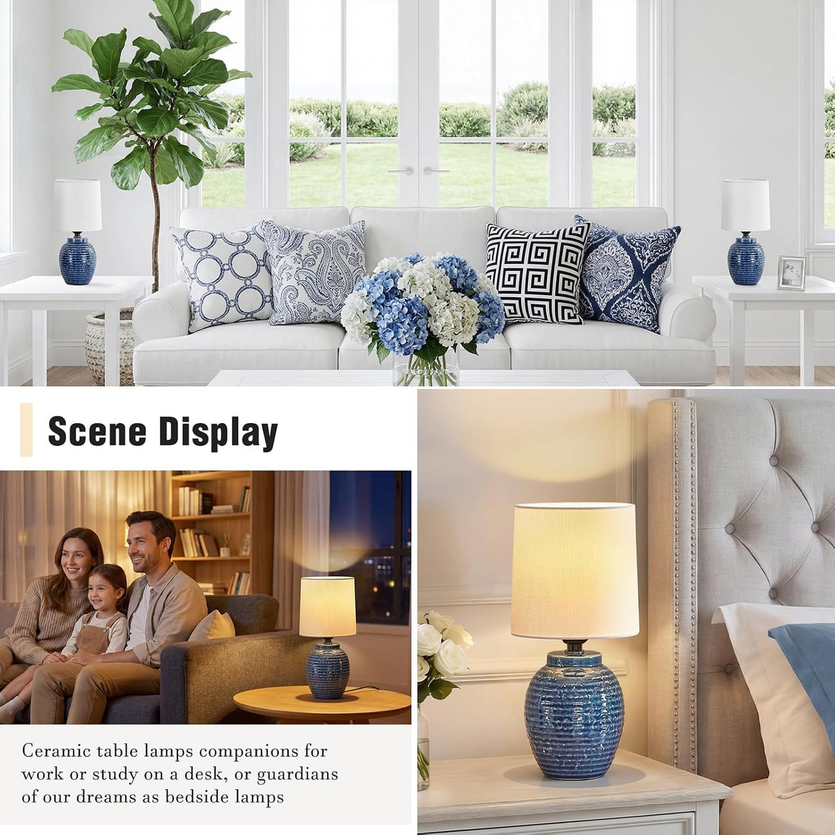EJIAXIN Small Bedside Lamps -13.75" Farmhouse Table Lamps - Classic Ceramic Table Lamp for Bedroom, Living Room, Nightstand, Office, Side Desk Lamp, End Table