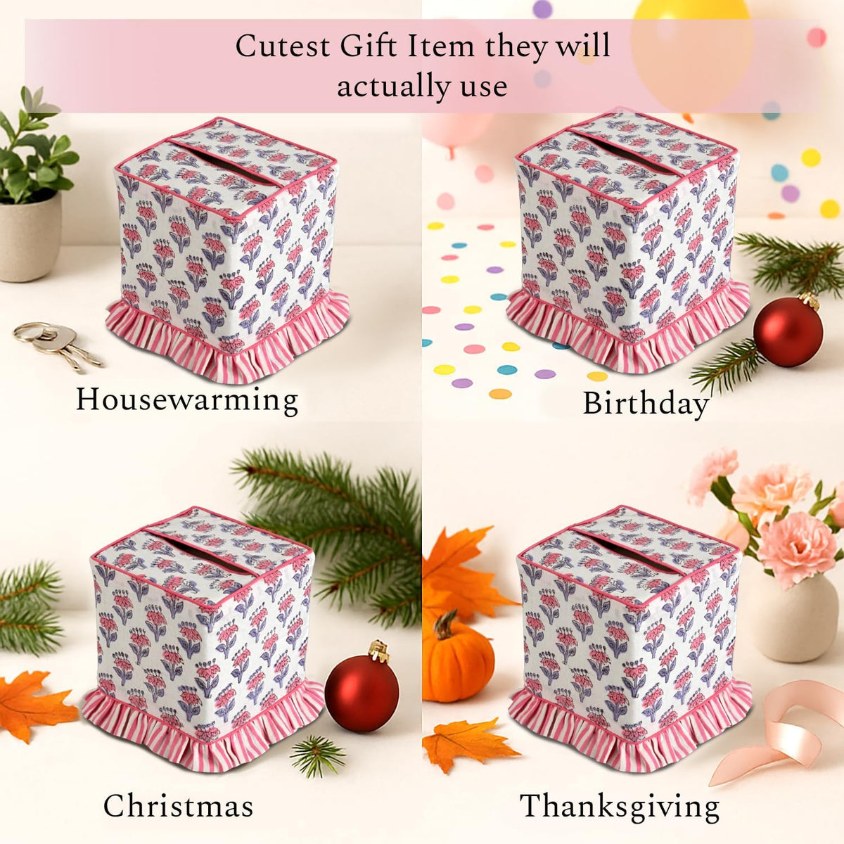 CPC 100% Cotton Ruffle Block Print Tissue Box Cover, Pink Sapphire