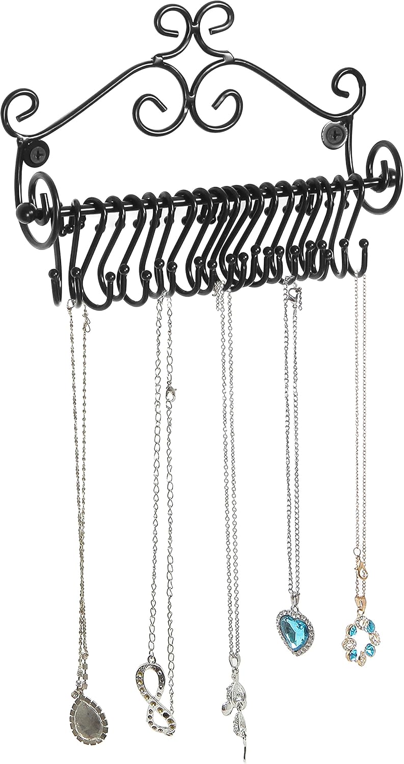 MyGift Set of 2 Wall Mount Necklace Holder Black Metal Jewelry Rack