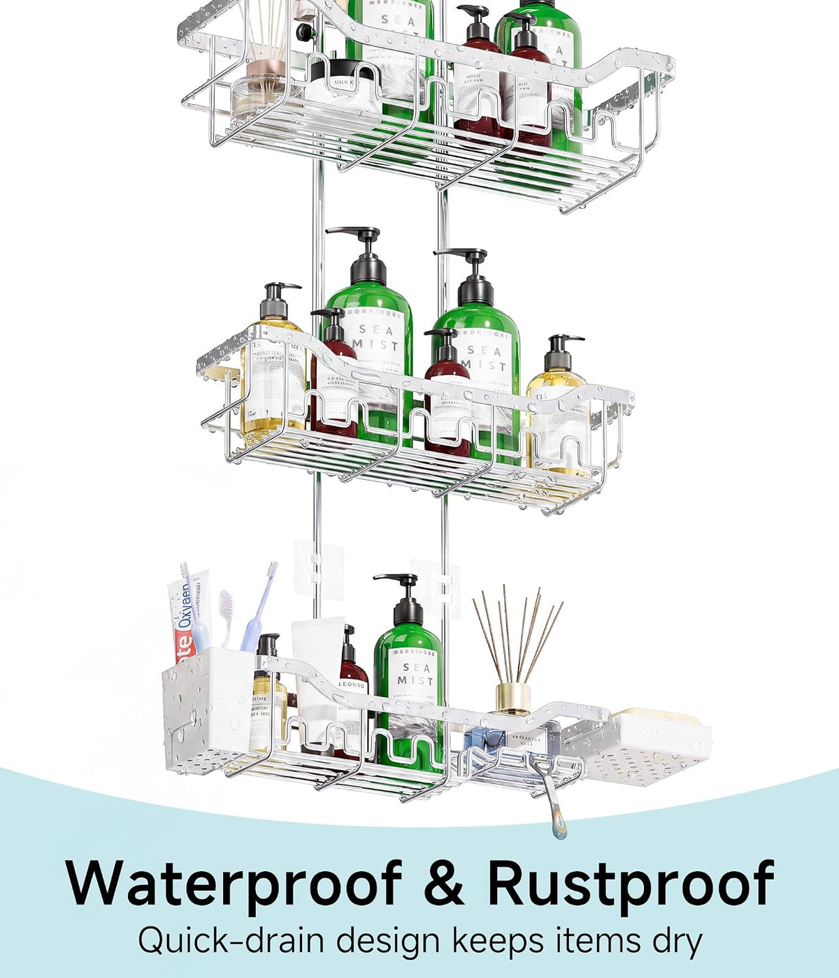 Shower Caddy Hanging Over the Door, Upgraded Extended Length Shower Organizer, 3 Tier Rustproof Bathroom Rack with Hooks Soap Holder, Silver
