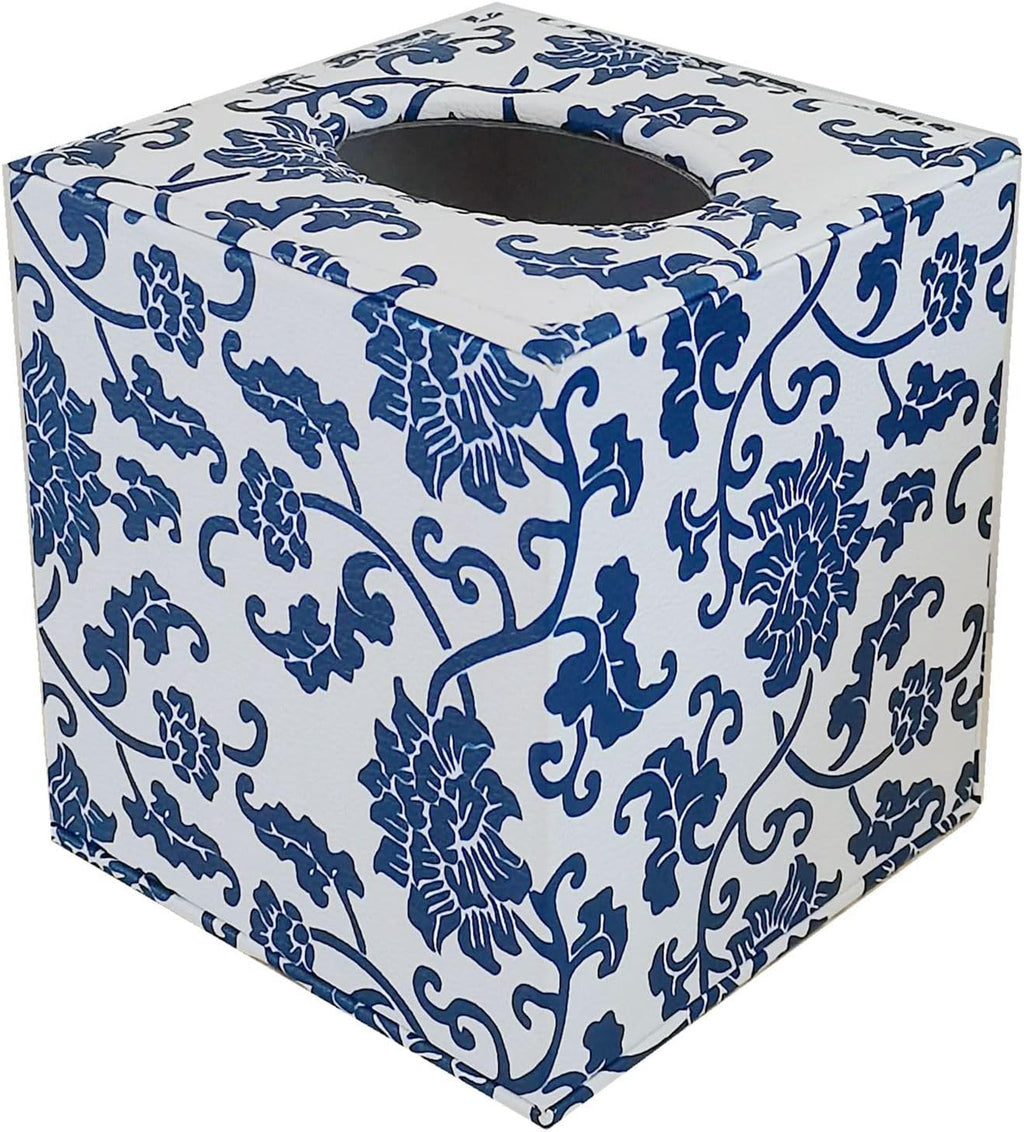 S Forever Home Decor Flower Pattern Faux Leather Tissue Box Cover (Square,Blue and White Porcelain)