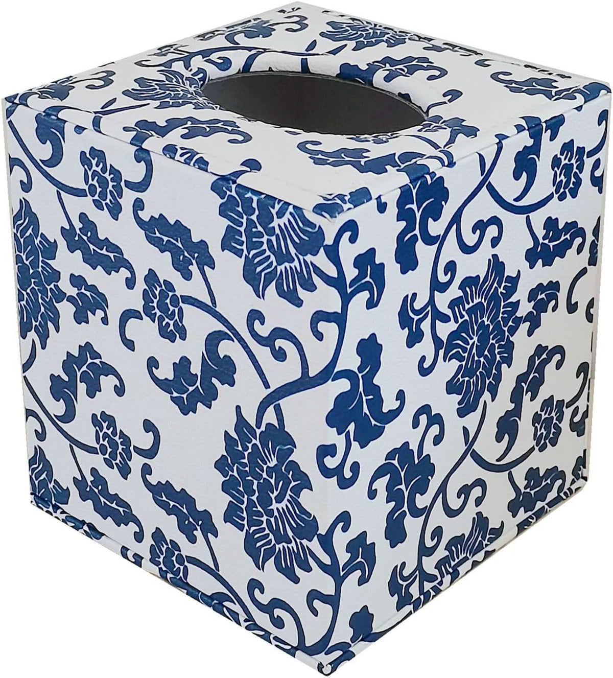 S Forever Home Decor Flower Pattern Faux Leather Tissue Box Cover (Square,Blue and White Porcelain)