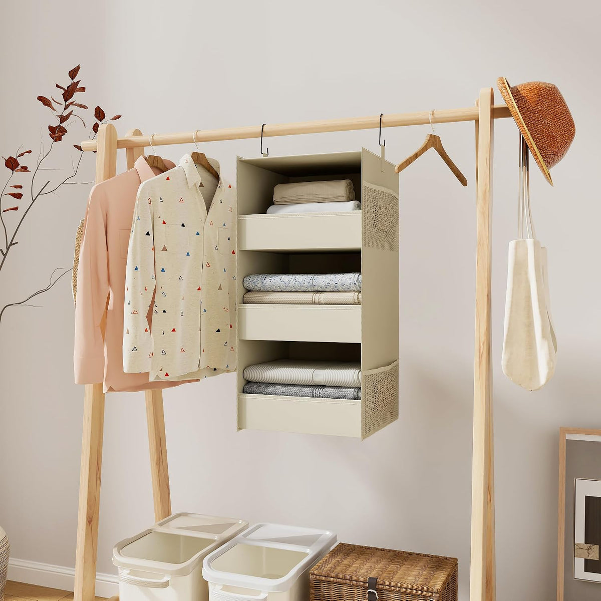 3-Shelf Hanging Closet Organizer, Washable Foldable Storage Shelves, Beige