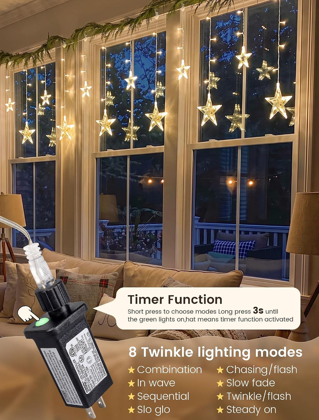 Star Icicle Lights,126 LED Christmas Curtain Lights,8.2FT