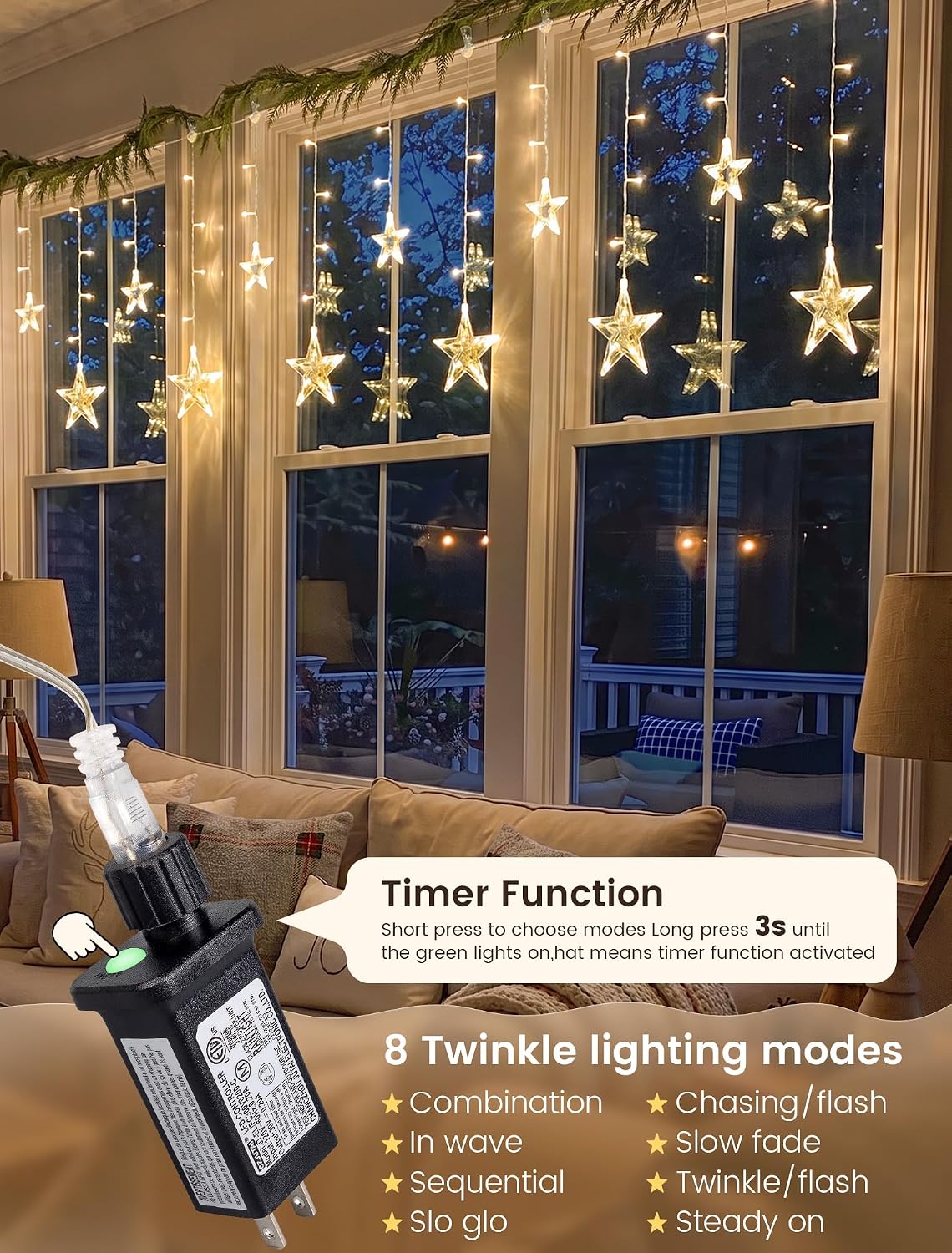 Star Icicle Lights,126 LED Christmas Curtain Lights,8.2FT