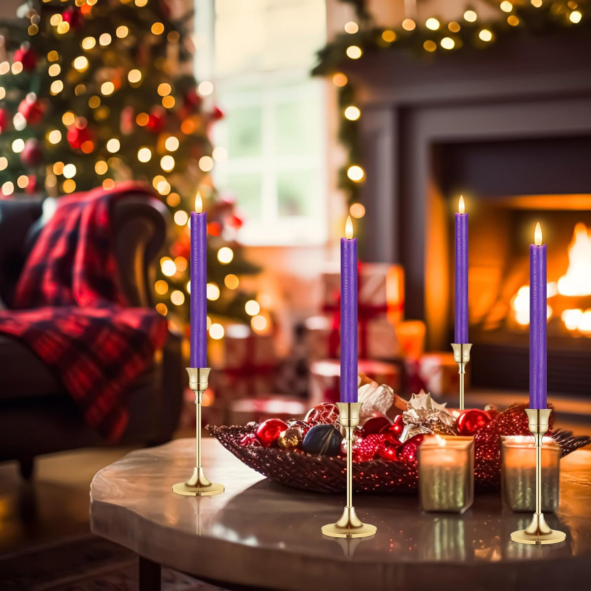 Purple LED Flameless Taper Candles, 6 Pack Real Wax Flickering Candlesticks with 10-Key Remote, Battery Operated Tall Taper Candles for Home, Wedding, and Party Decor