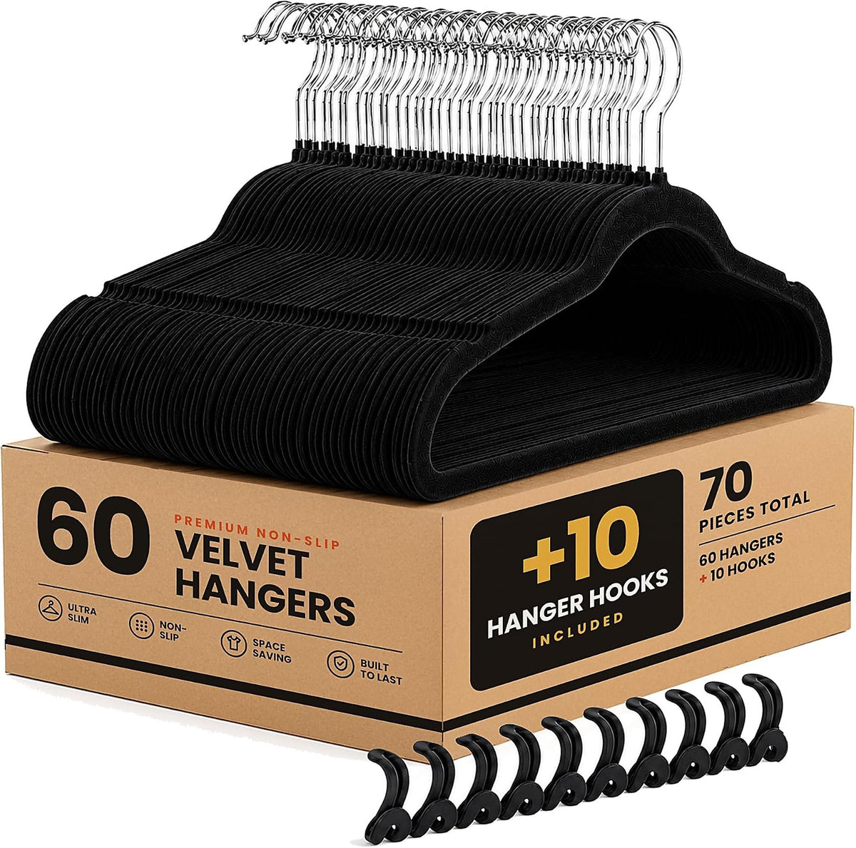 Velvet Hangers 60 Pack with 10 Hooks - Black Non-Slip Clothes Hangers, Ultra Thin Space Saving Design for Coats, Suits, Shirts, Dresses, Pants & Closet Organization