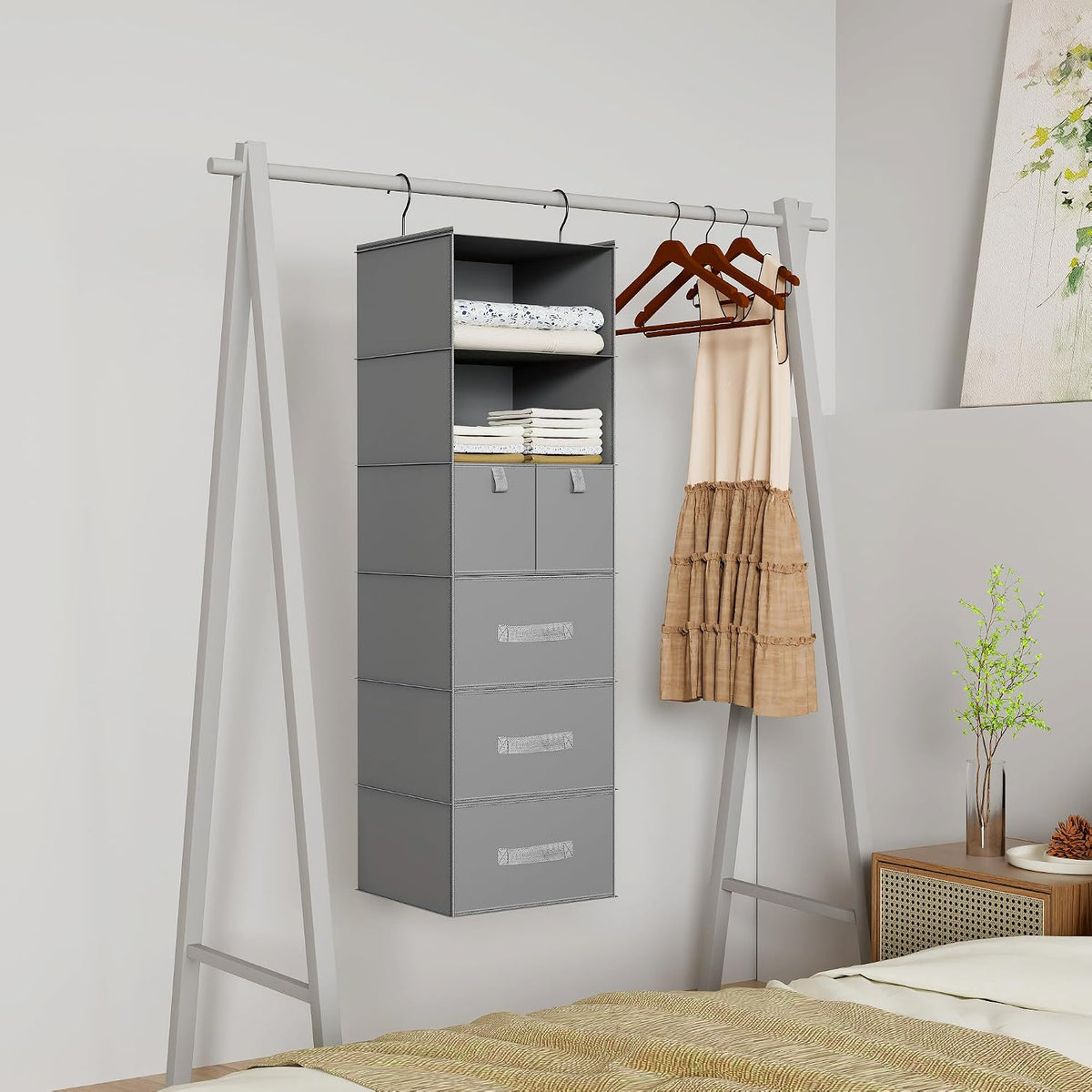 6-Shelf Hanging Closet Organizer with 5 Drawers, Non-Woven Storage, Gray