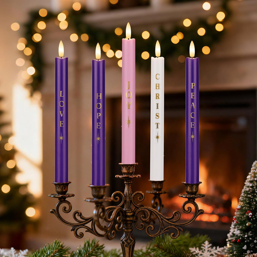Advent Candles Set of 5, Flameless Taper Candles with Remote, Christmas Purple and Pink Battery Operated Advent Candlestick for Thanksgiving Xmas Advent Wreath Decor, 9.7"