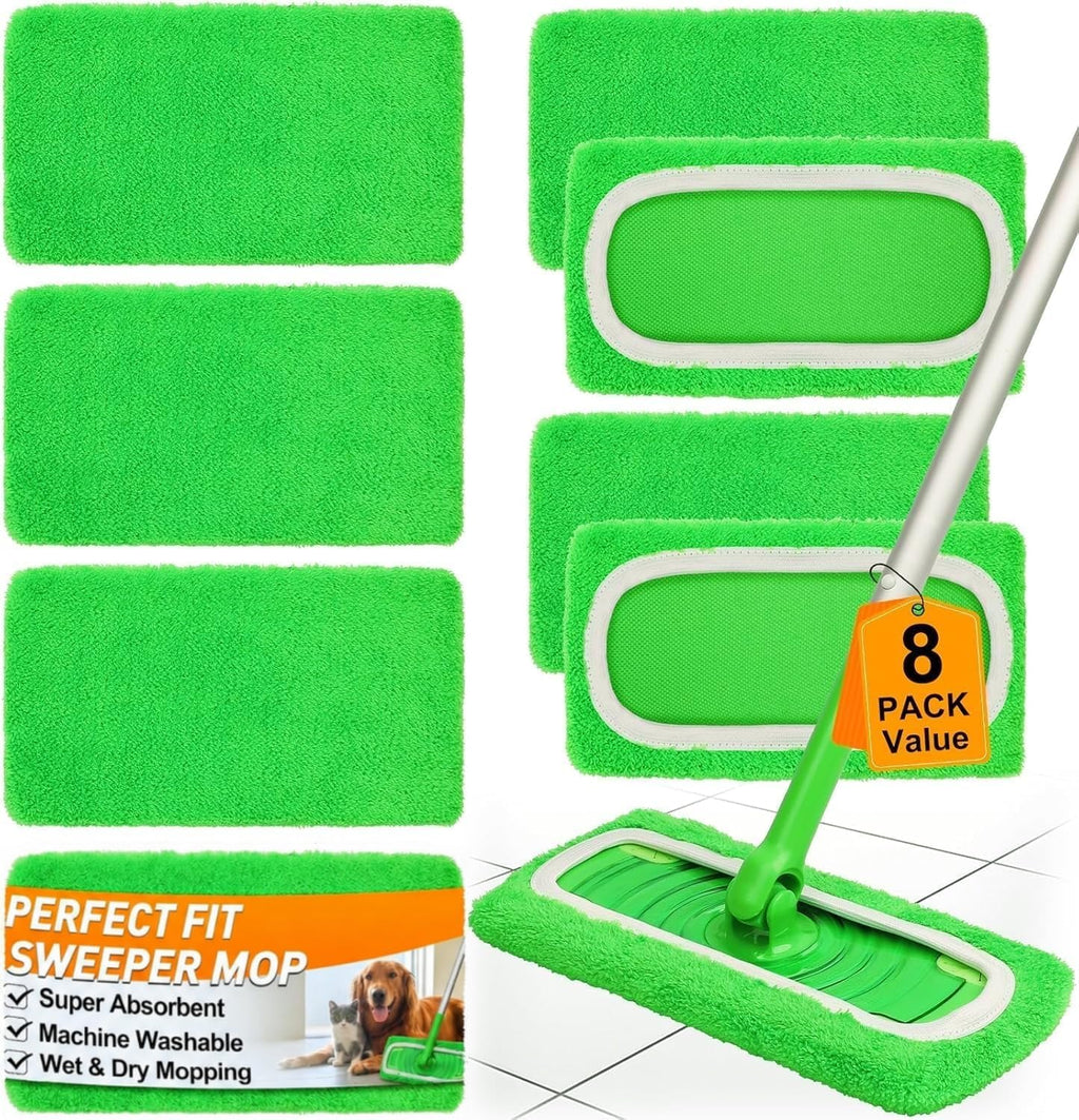 Tidy Monster 8 Pack Reusable Microfiber Mop Pads Replacement Compatible with Swiffer Sweeper, Machine Washable Mops Pads Refills for Wet & Dry Floor Cleaning, Mopping Cloths Fits Hardwood/Surface