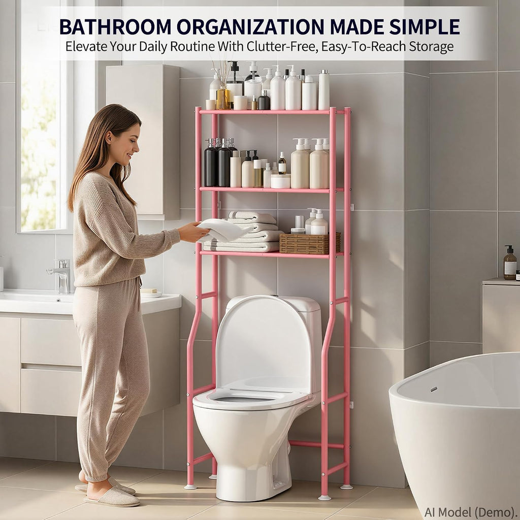 3-Tier Over Toilet Storage Cabinet, No Drilling, 64" H, Pink