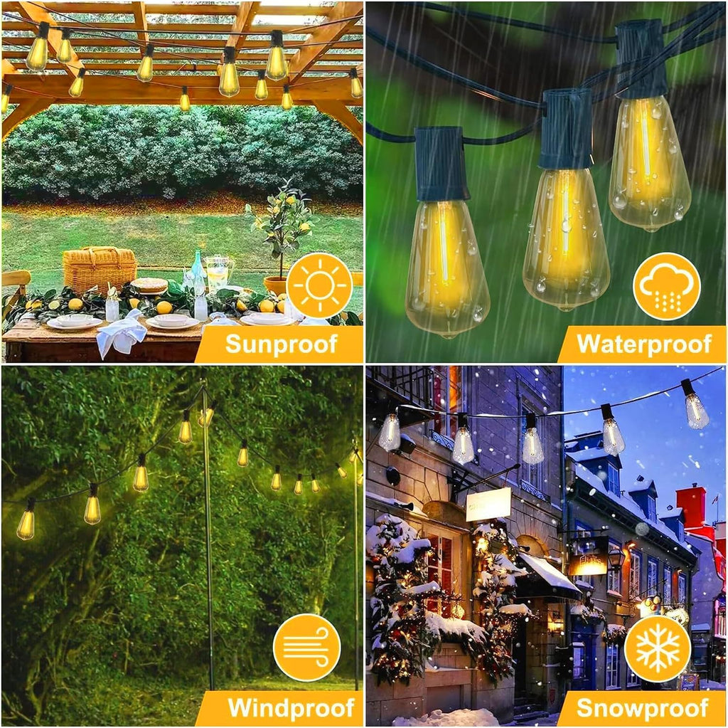 Outdoor LED String Lights with 50 Feet 26 Edison Plastic Bulbs(1 Spare), Waterproof Hanging Lights for Patio Backyard Porch Balcony Party Decoration