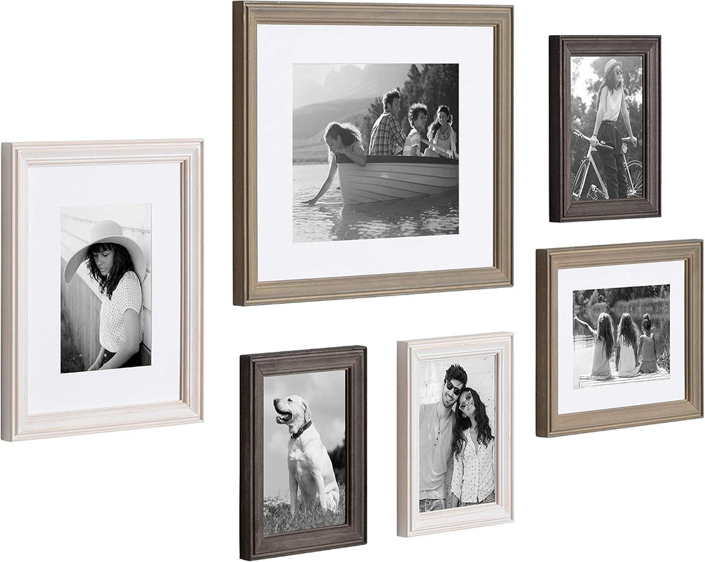Kate and Laurel Bordeaux Gallery Frame Wall Kit, Set of 6 with Assorted Size Frames in 3 Different Finishes - Whitewash, Charcoal Gray, and Rustic Gray