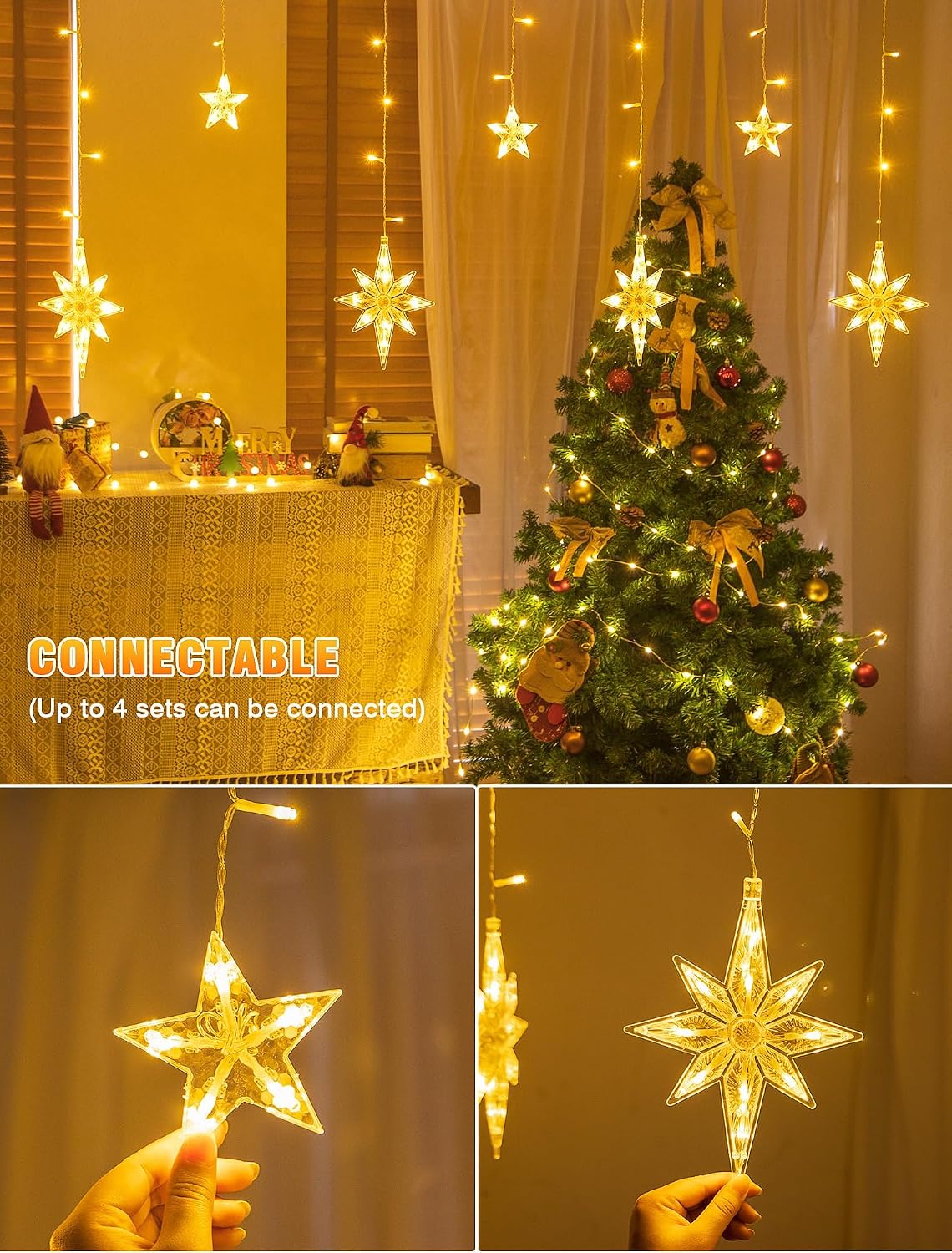 126 LED Star Icicle Lights,7.8ft Window Curtain Lights Plug in