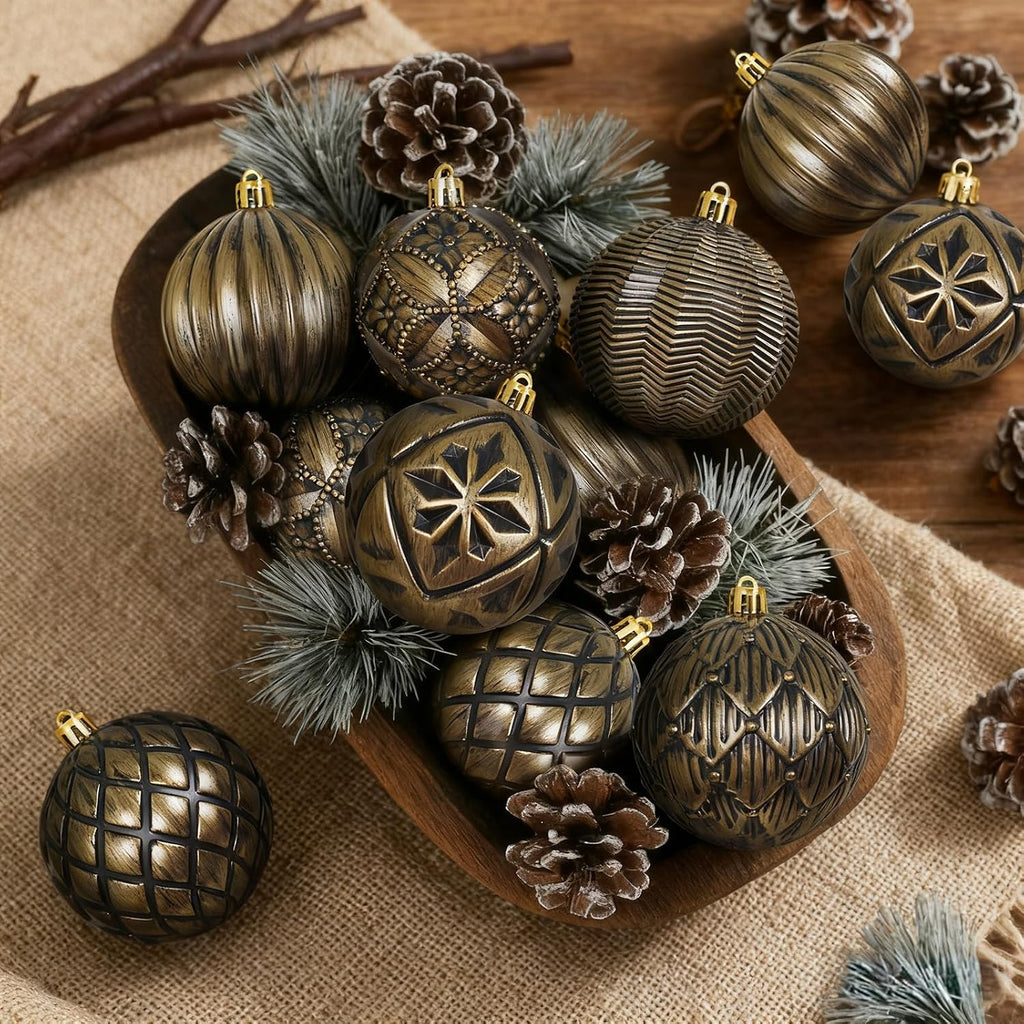 XmasExp Vintage Rustic Christmas Ball Ornaments Sets Farmhouse Distressed Christmas Tree Decorations Shatterproof Antique Traditional Style Xmas Hanging Ornaments （Bronze, 12Pcs