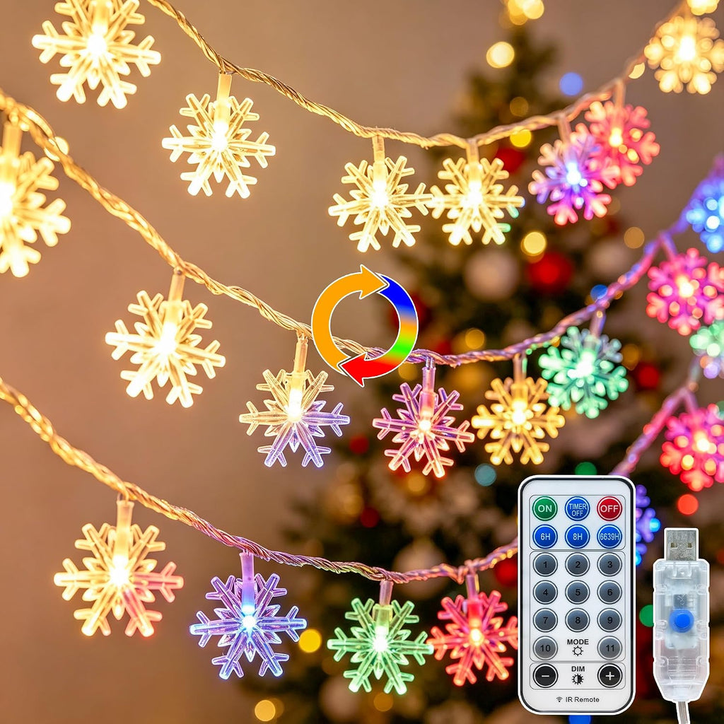 Christmas Snowflake String Lights USB 50FT 100 LED Warm White & Multicolor