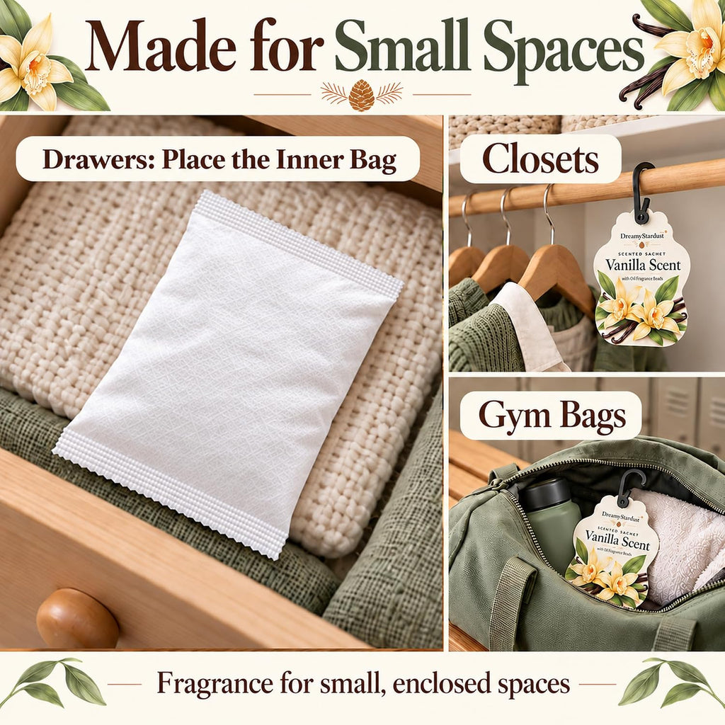 Vanilla Scented Sachets for Drawers & Closets, 6 Pack Hanging Fragrance Sachets with EVA Beads for Wardrobe, Car, Shoe Cabinet and Bathroom, 0.35 oz Each