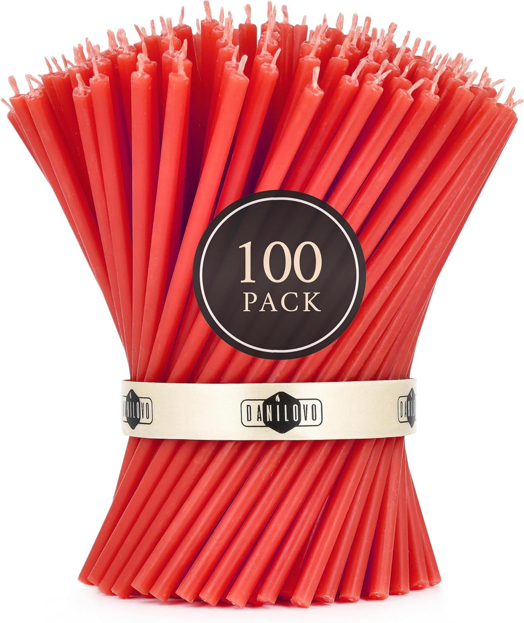 Danilovo Thin Taper Beeswax Candles - No-Drip, Smoke-Less, Tall, Decorative, Honey Scented Candles Ideal for Church Prayer, Rituals, Decor or Birthday – 6.3”x0.2” (Red, 100pcs)