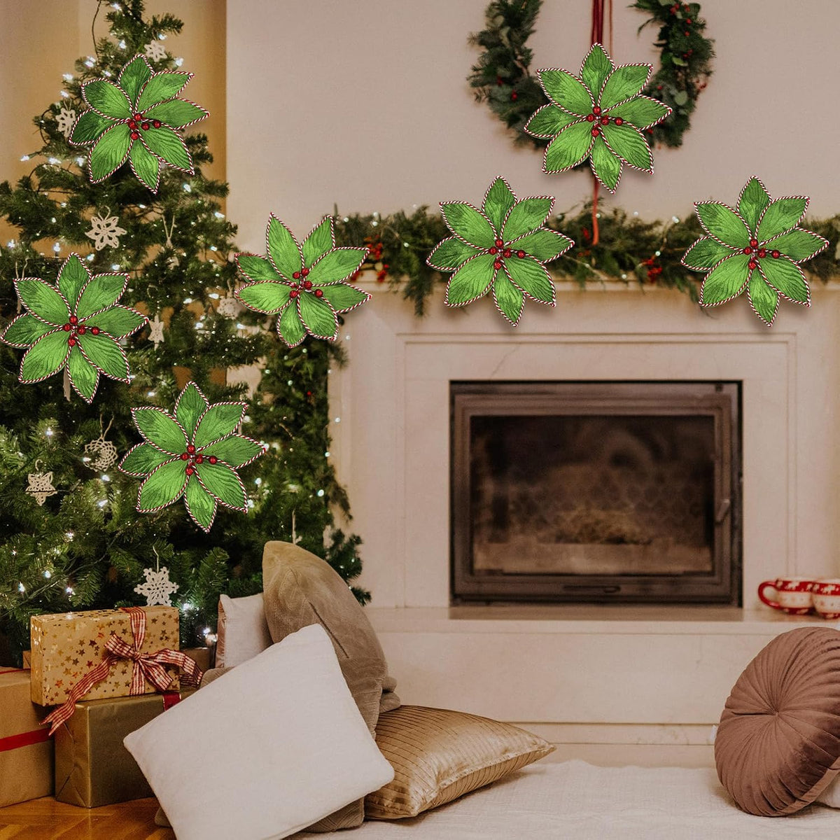 Thiccywoov 6 Pcs Green Peppermint Edge Christmas Poinsettia Stem 10.24 x 3.94 Inch Silk Velvet Artificial Fake Poinsettia Flowers Blooms for Christmas Trees and Holiday Decorations