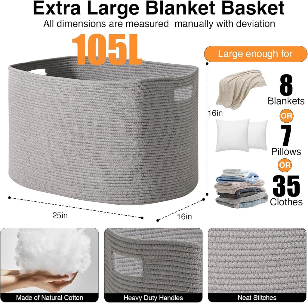 ICERZCZ Large Grey Storage Basket, Blanket Baskets for Living Room, Large Toy Basket for Storage, Woven Cotton Rope Baskets for Blankets, Clothes, Shoes, Books, Grey, 25”x16”x16” (105L)