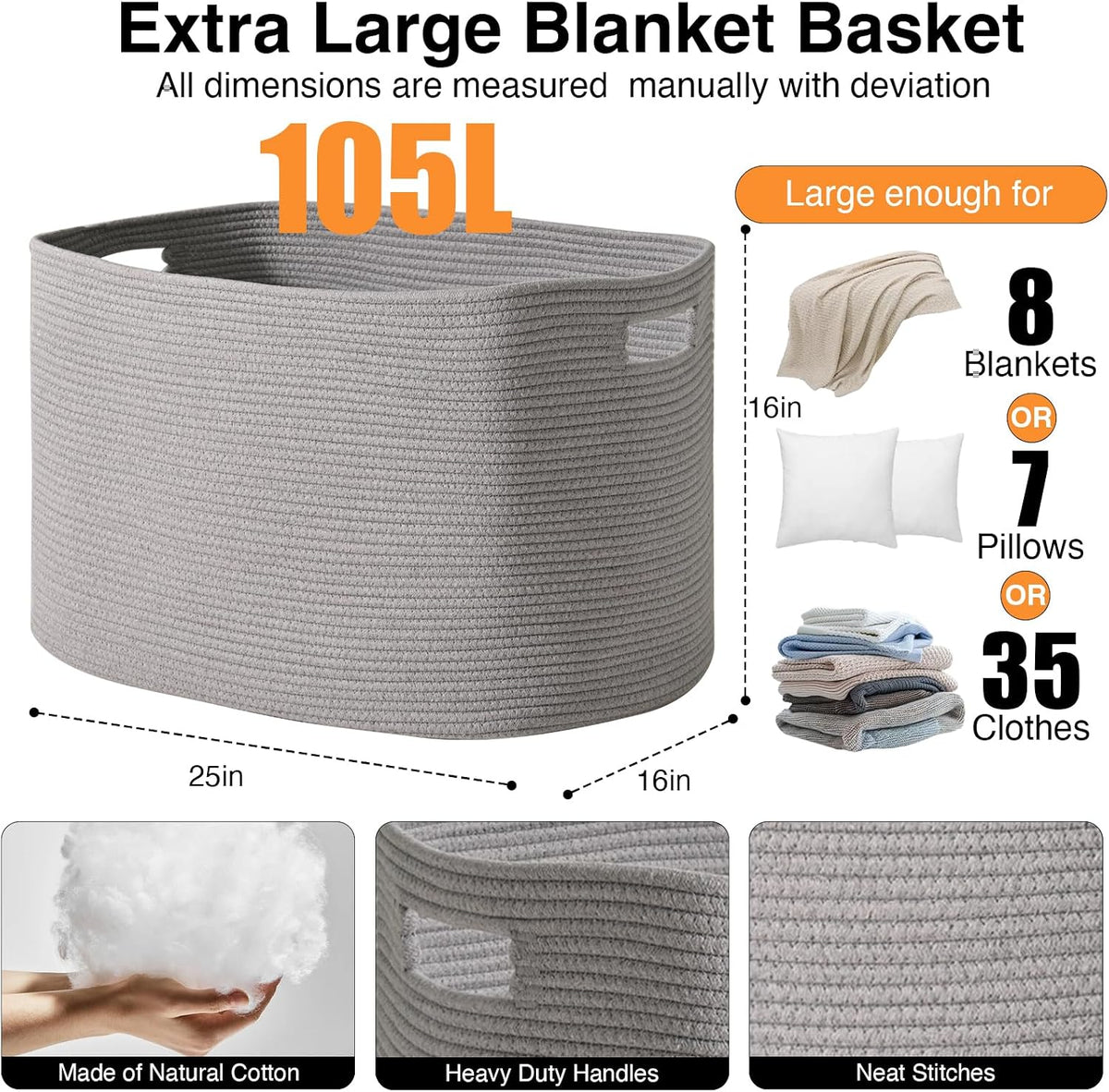 ICERZCZ Large Grey Storage Basket, Blanket Baskets for Living Room, Large Toy Basket for Storage, Woven Cotton Rope Baskets for Blankets, Clothes, Shoes, Books, Grey, 25”x16”x16” (105L)
