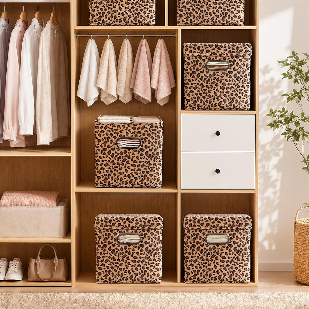 ANMINY Leopard Cheetah Print Storage Cubes Bins with Lids, 11Inch 6PCS