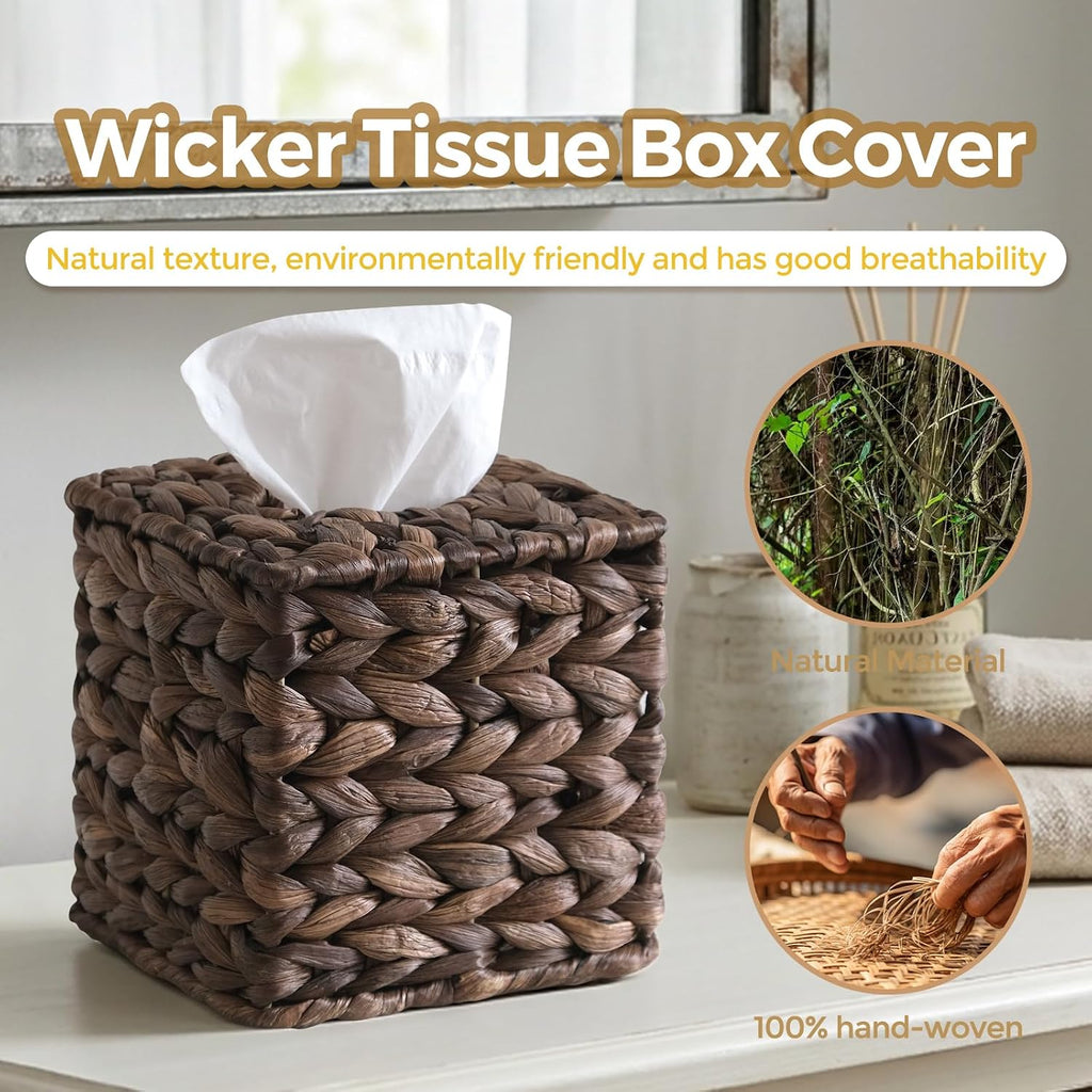 2PC Wicker Tissue Box Cover, Rattan Tissue Box Holder Square, Boho Decorative Woven Water Hyacinth Cube Tissue Holders for Bathroom Living Room Kitchen（Coffee）