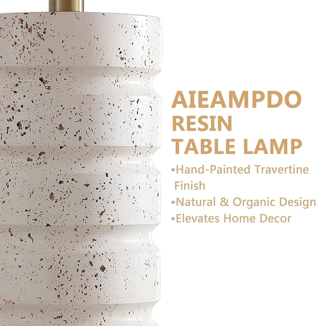 AIEAMPDO 26" Set of 2 Travertine Resin Table Lamps for Bedroom, Off-White