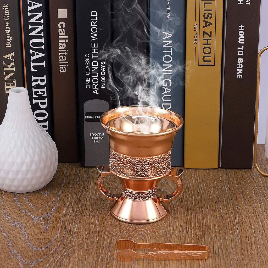 Metal Frankincense Resin Incense Burner, Incense Censer, Portable Bakhoor Burner, Charcoal Bakhoor Burner, Myrrh Burner with Tongs for Yoga, Spa Aromatherapy (Rose Gold)