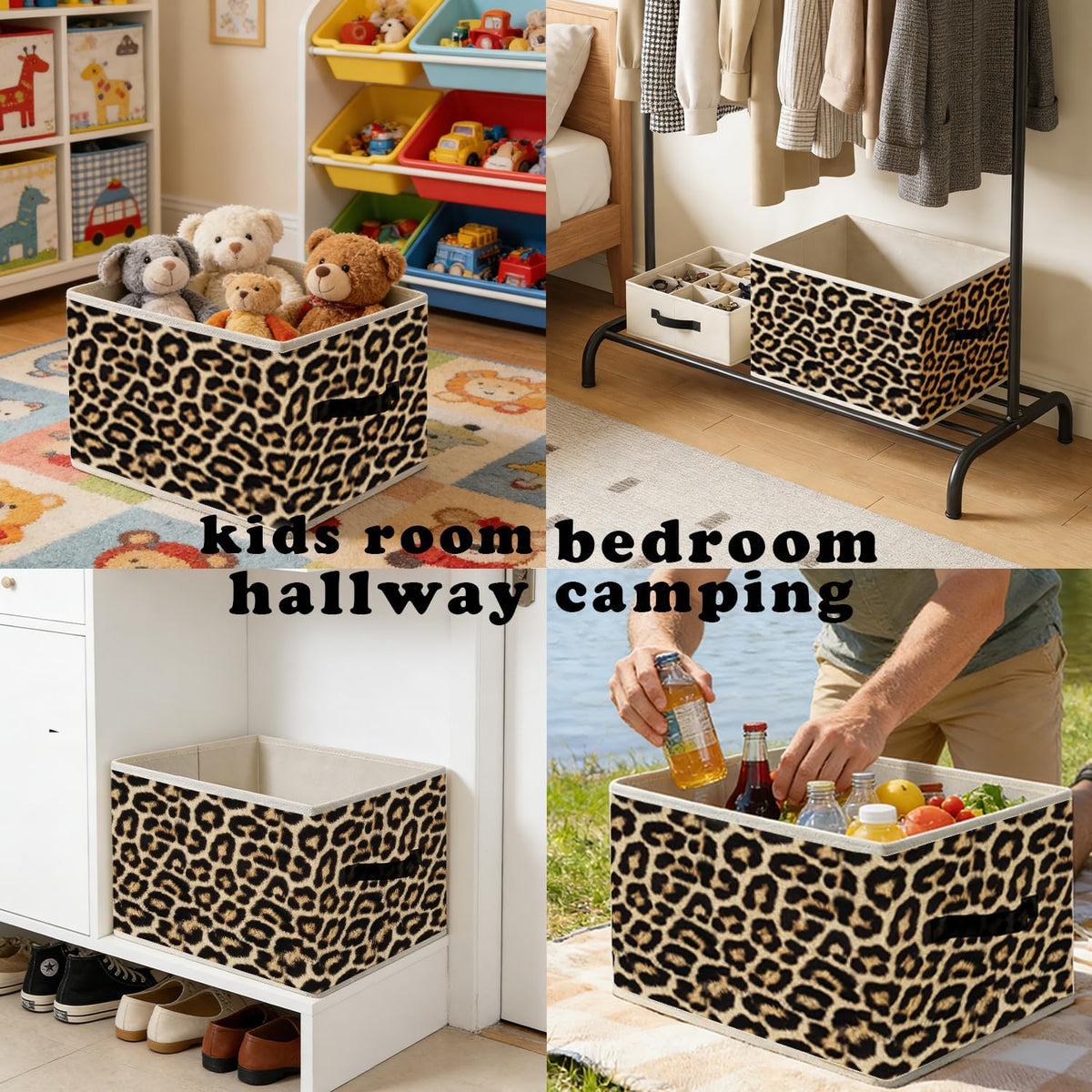 Trendy Leopard Cheetah Print Storage Bins, Funky Girly Y2K Wild Animal Cheetah Print Foldable Closet Organizers Storage Basket Toybox for Girls Room Bedroom Bathroom Clothes Toys Books