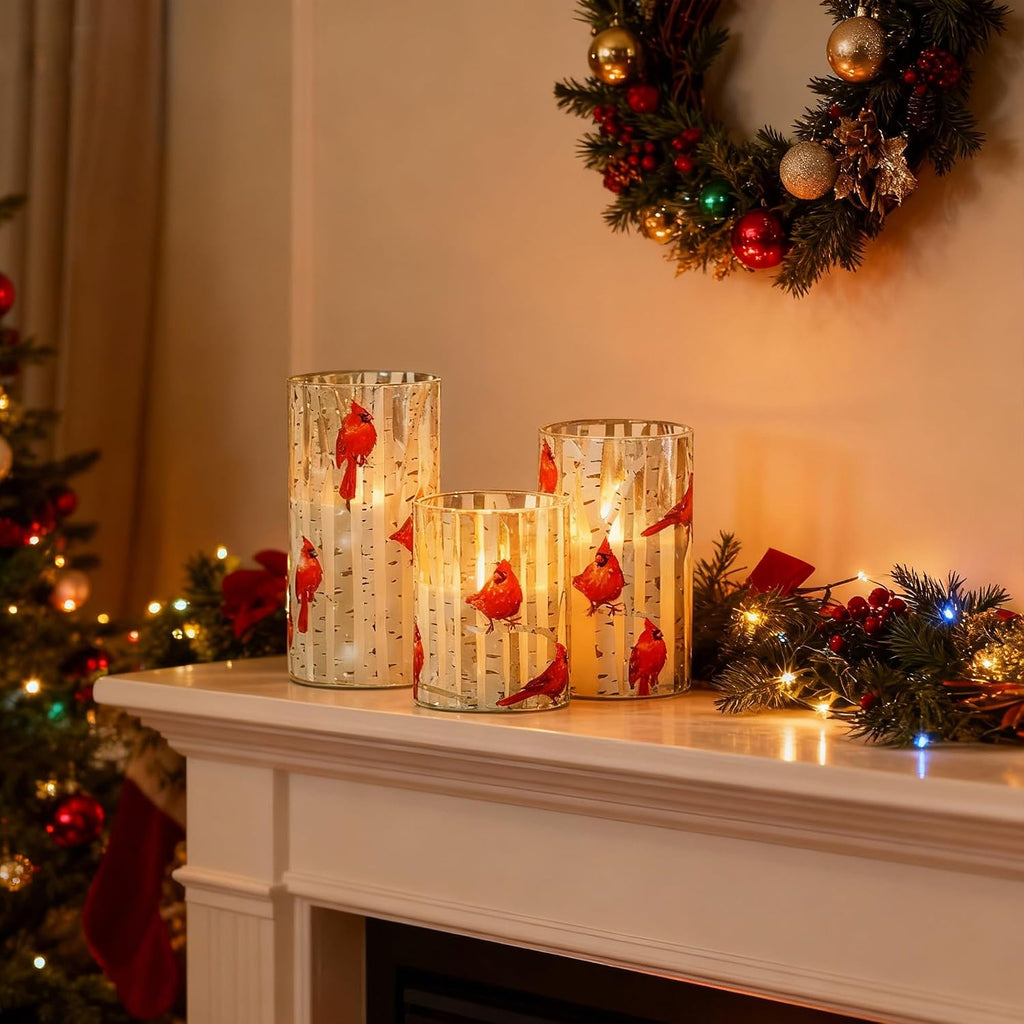 Cardinal Flameless Candles with Remote and Timer, 3 Pack Real Wax LED Glass Pillar Candles Battery Operated Flickering 3D Wick Red Bird Candles for Christmas Holiday Home Decor (3”x4”5”6”)