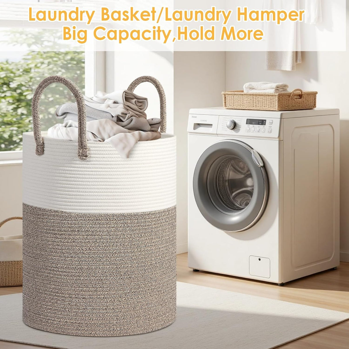 Large 60L Laundry Basket Hamper, Woven Cotton Rope Basket with Handles, Blanket Basket for Living Room, Baby Nursery, Bedroom & Bathroom, 15"D x 20"H Decorative Clothes Hamper, White/Brown