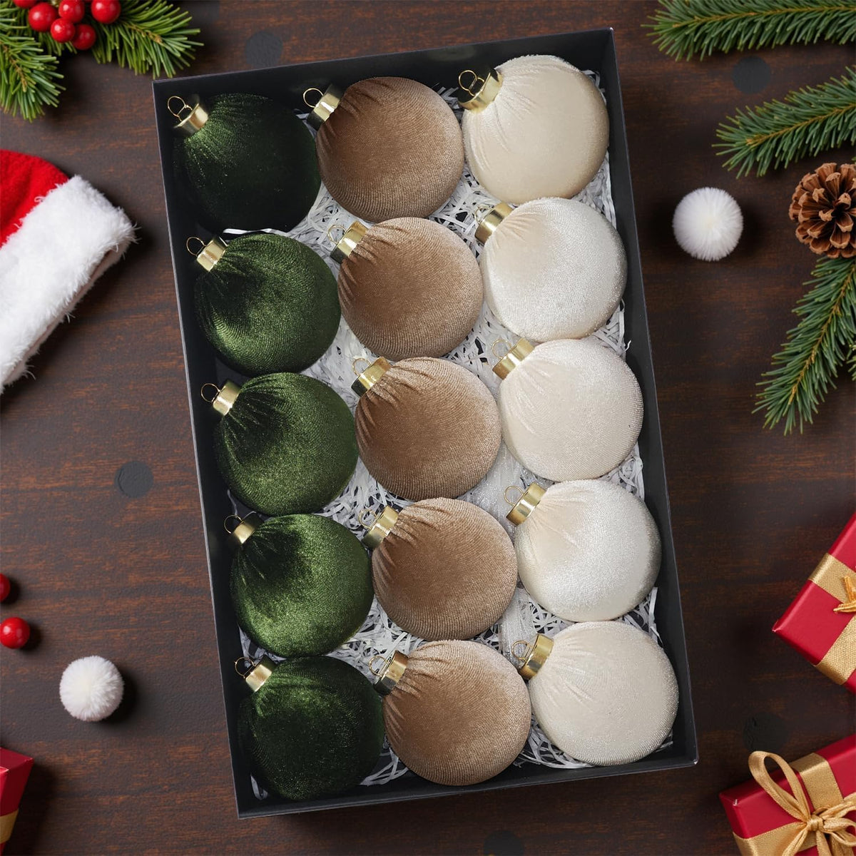 15Pcs 3.15" Large Green and Brown Velvet Balls Ornaments for Christmas Tree