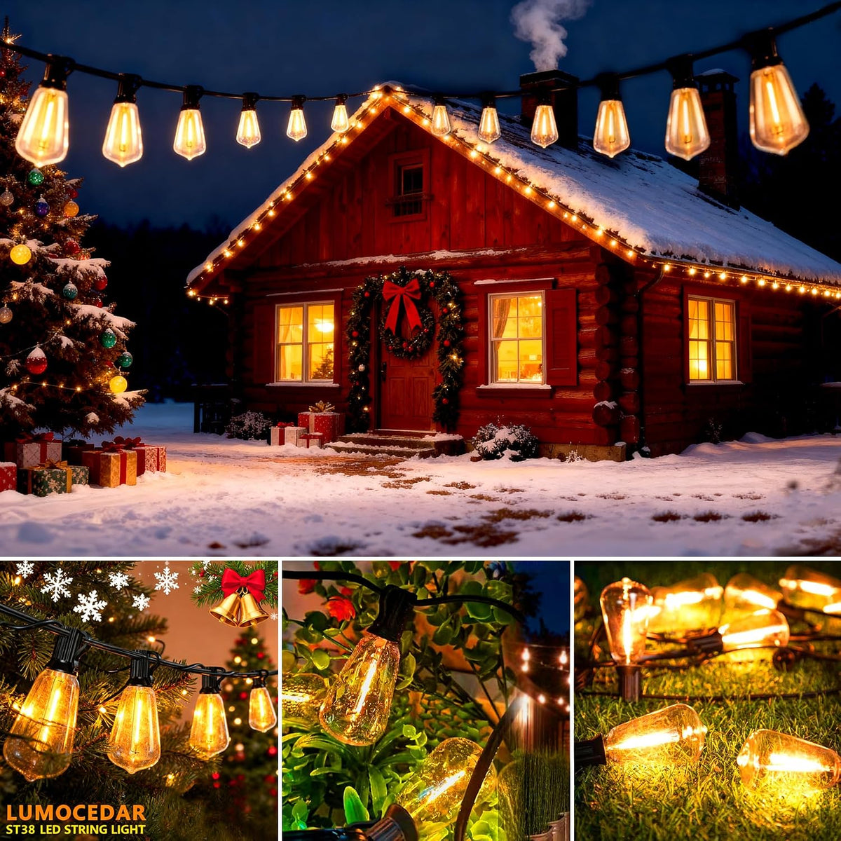 Outdoor LED String Lights with 100 Feet 52 Edison Plastic Bulbs(2 Spare), Waterproof Hanging Lights for Patio Backyard Porch Balcony Party Christmas Decoration